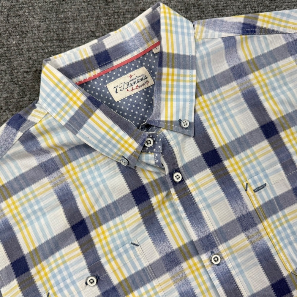 7 Diamonds Button Down Shirt Large Blue Yellow Plaid Star‎ Trim Excellent Mens